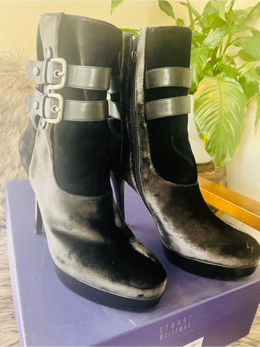 Stuart Weitzman Black Velvet Buckle Strap Ankle Boots 8
